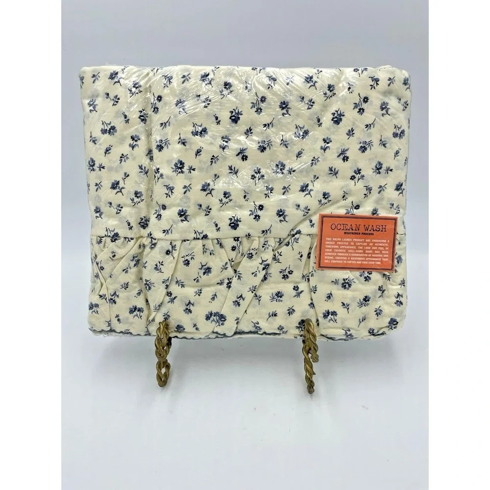 New Ralph Lauren TWIN Flat Ruffled‎ Sheet Americana Calico Blue Flowers NOS